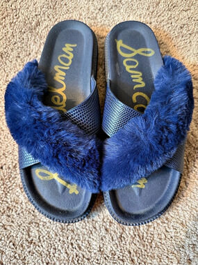 Sam Edelman Jeane Faux Fur Slide Slipper Sandals Blue US 10 Indoor/Outdoor use!